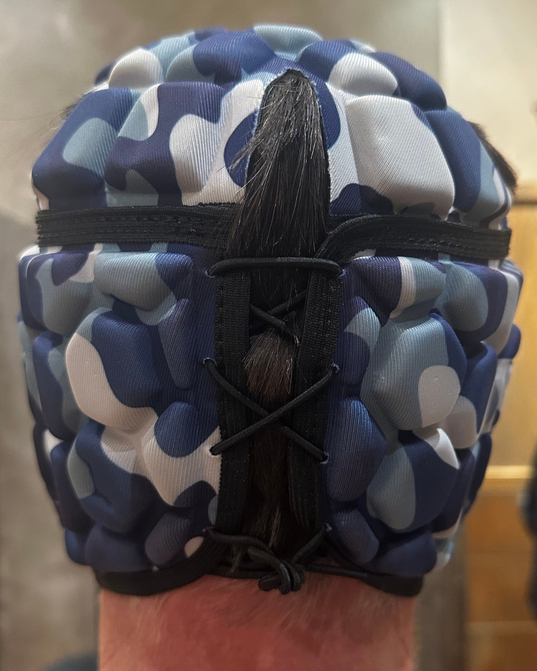 Rugby Scrum Cap - Blue and White Camouflage with Black Border