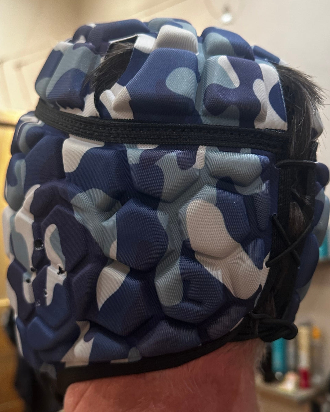 Rugby Scrum Cap - Blue and White Camouflage with Black Border