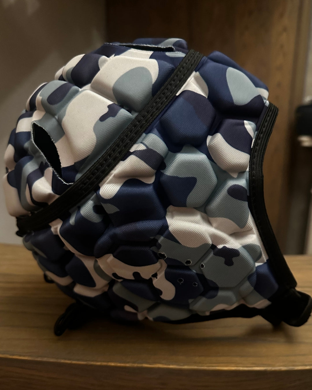 Rugby Scrum Cap - Blue and White Camouflage with Black Border