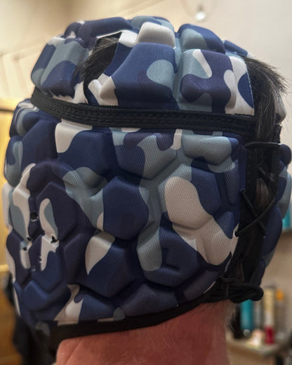 Rugby Scrum Cap - Blue and White Camouflage with Black Border