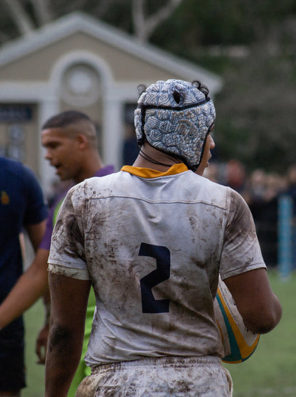 White and Black Tribal Rugby Scrum Cap with Black Border